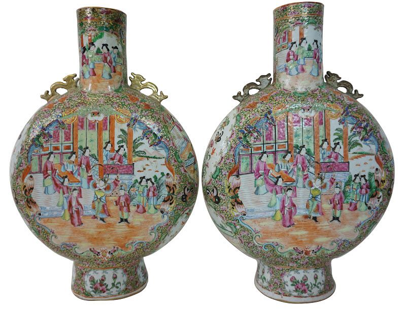 Appraisal: Chinese Export Rose Medallion Moon Flask Vases arge Pair of