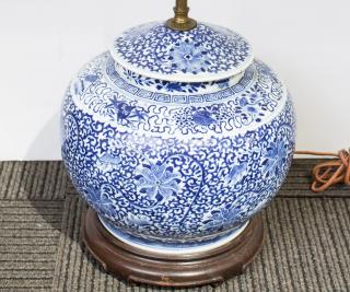 Appraisal: Chinese Blue White Porcelain Lidded Jar Lamp Chinese porcelain blue