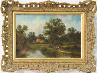 Appraisal: Continental Landscape with House Across Pond and two people at