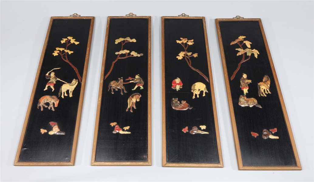 Appraisal: Group of carved stone mosaic on black panels depicting scenes