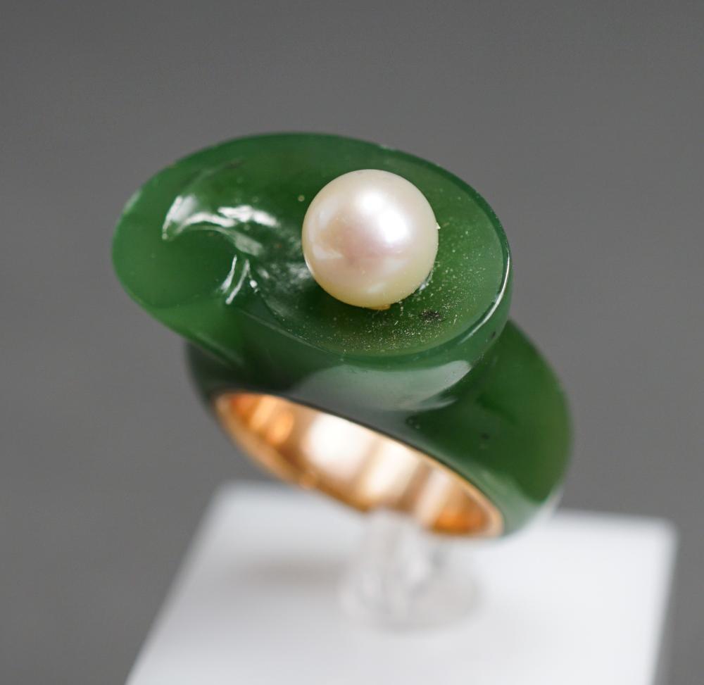 Appraisal: Tested -Karat Yellow-Gold Carved Spinach Jade and Pearl Ring Size