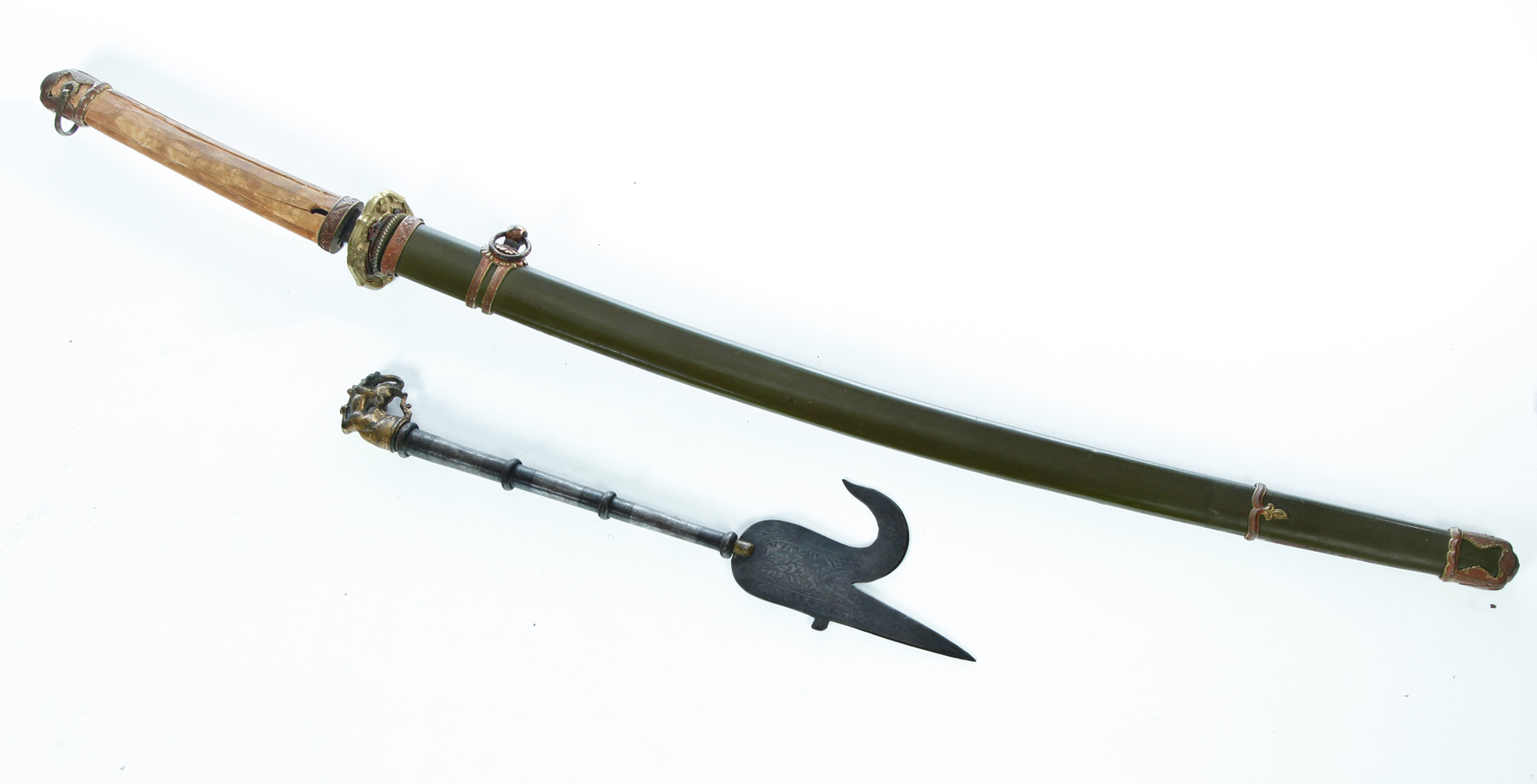 Appraisal: SWORD AND HOOK Nineteenth- th century Japanese sword with brass