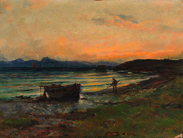 Appraisal: COLIN HUNTER - Loch Achray at sunset with lone figure