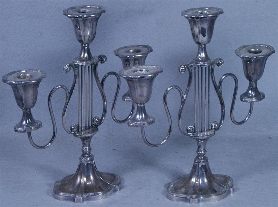 Appraisal: Pr plated silver arm candelabra with lyre shaped bodies h