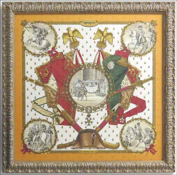 Appraisal: FRAMED HERMES SILK 'NAPOLEON' SCARF Designed by Philippe Ledoux Frame