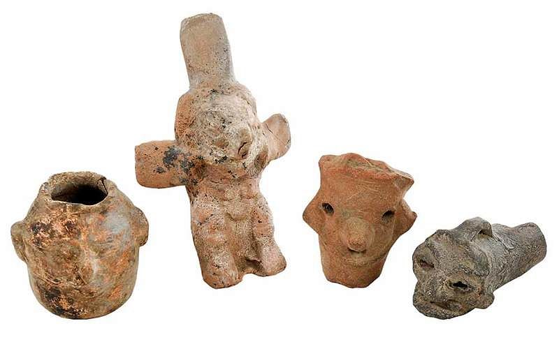 Appraisal: Four Small Earthenware Figural Items possibly Pre-Columbian clay figures all