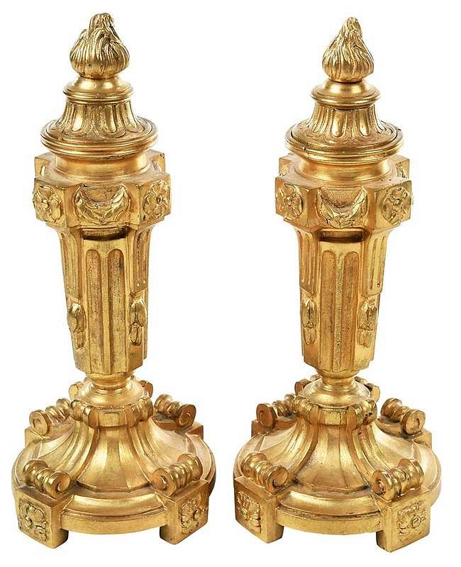 Appraisal: Pair Louis XVI Style Flame Finial Garnitures th century gilt