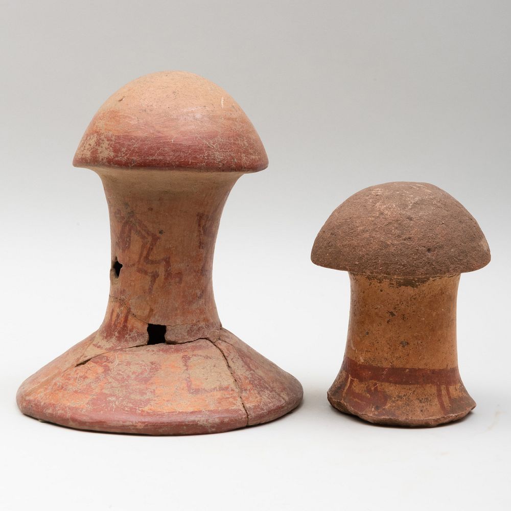 Appraisal: Two Mayan Painted Terracotta Mushroom Stones The larger x in