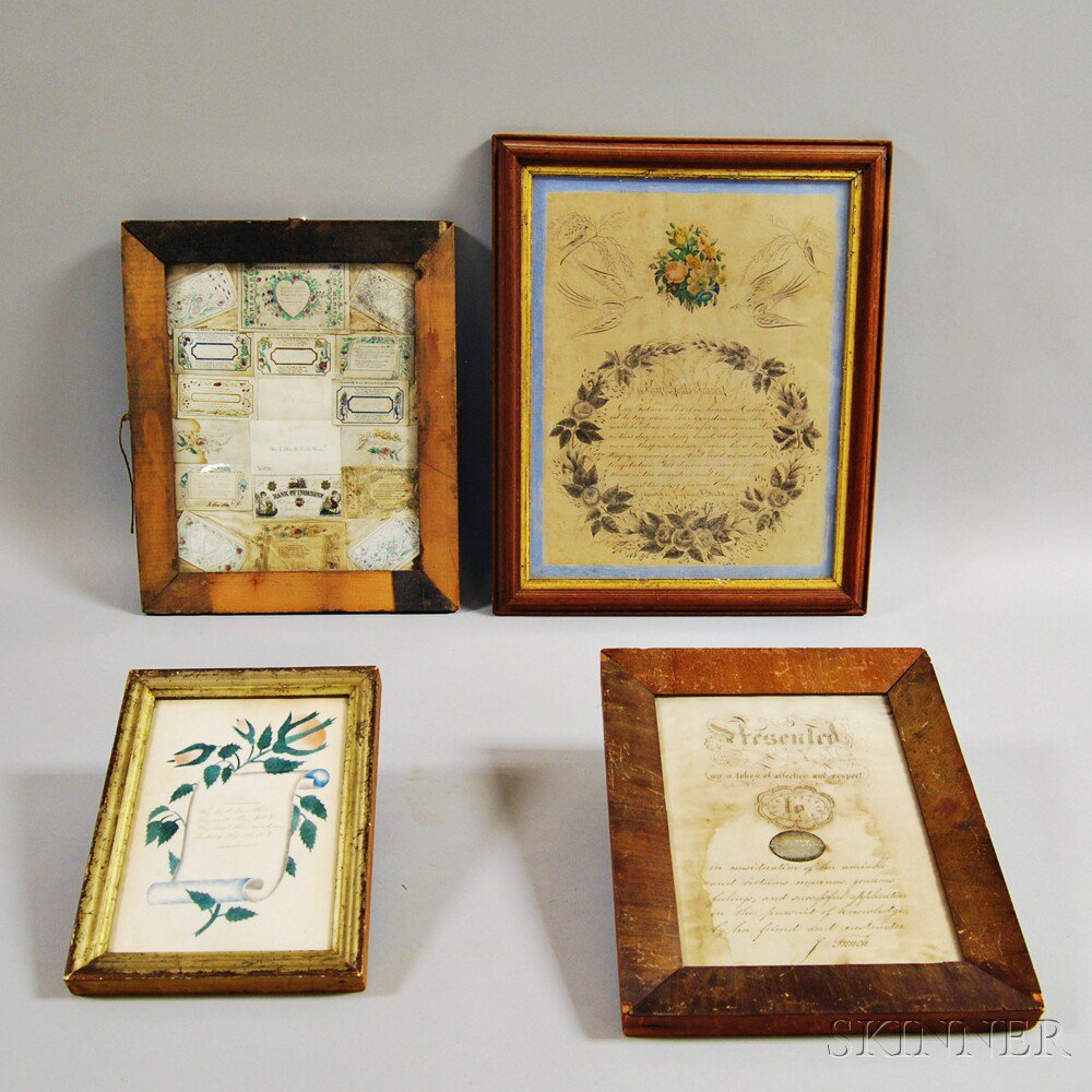 Appraisal: Four Framed Schoolgirl Pieces th century a group of hand-colored