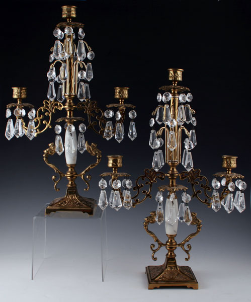 Appraisal: DECORATIVE BRASS CRYSTAL CANDELABRA '' tall light candle holders Polished