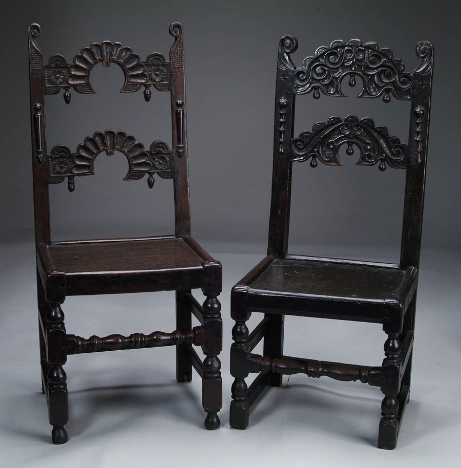 Appraisal: TWO EARLY CARVED OAK CONTINENTAL SIDE CHAIRS Both have plank