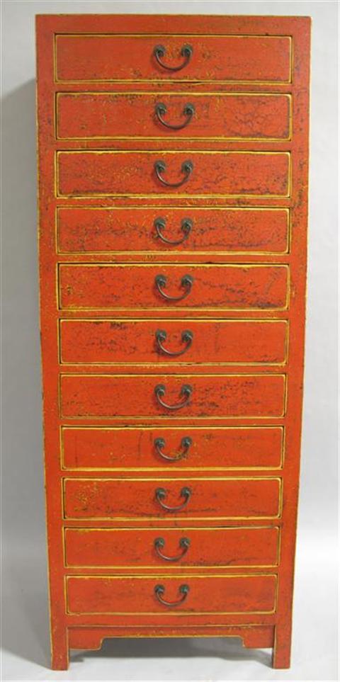 Appraisal: CHINESE RED PAINTED TALL CHEST th century the rectangular top