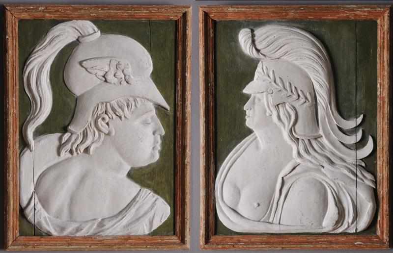 Appraisal: TWO ROMAN CARVED AND PAINTED WOOD RELIEF PLAQUES Provenance Property