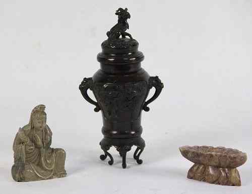 Appraisal: A Japanese bronzed koro and cover with grotesque finial and