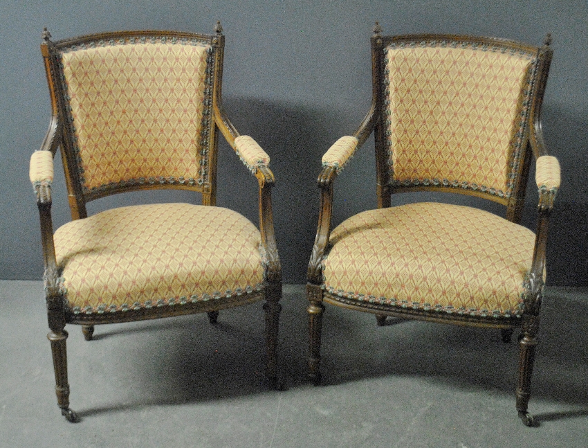 Appraisal: - Pair of French style walnut open armchairs h x