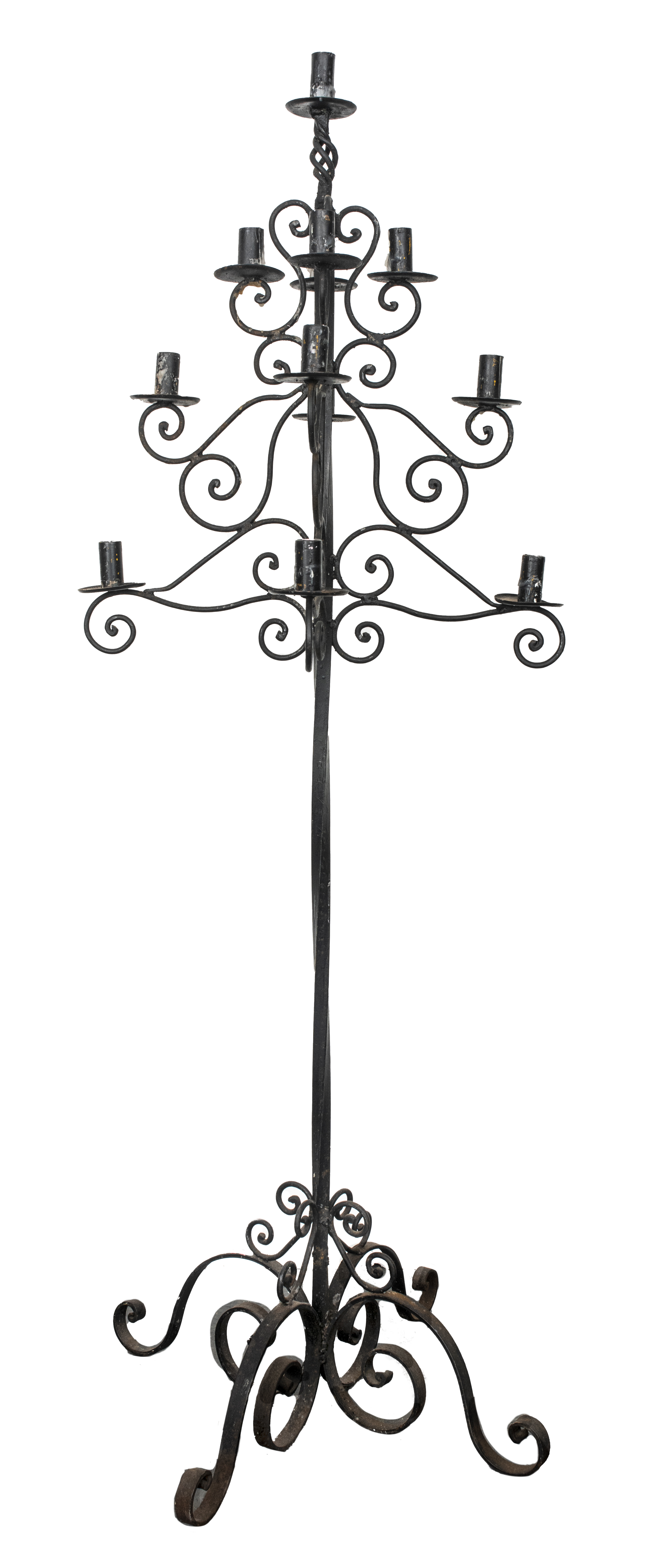 Appraisal: SPANISH BAROQUE MANNER WROUGHT IRON CANDELABRA Spanish Baroque manner wrought