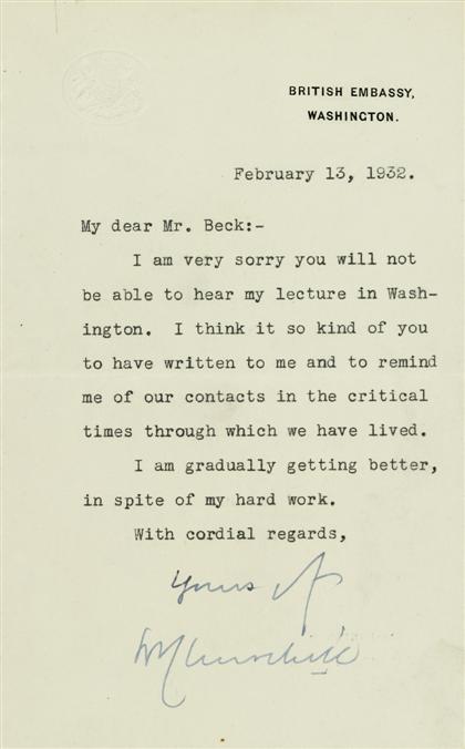 Appraisal: piece Typed Letter Signed Churchill Winston Washington Feb p vo