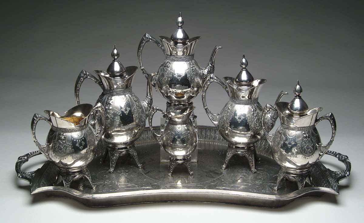 Appraisal: SEVEN PIECE TEA SERVICE FROM THE REMINGTON FAMILY Lot consists