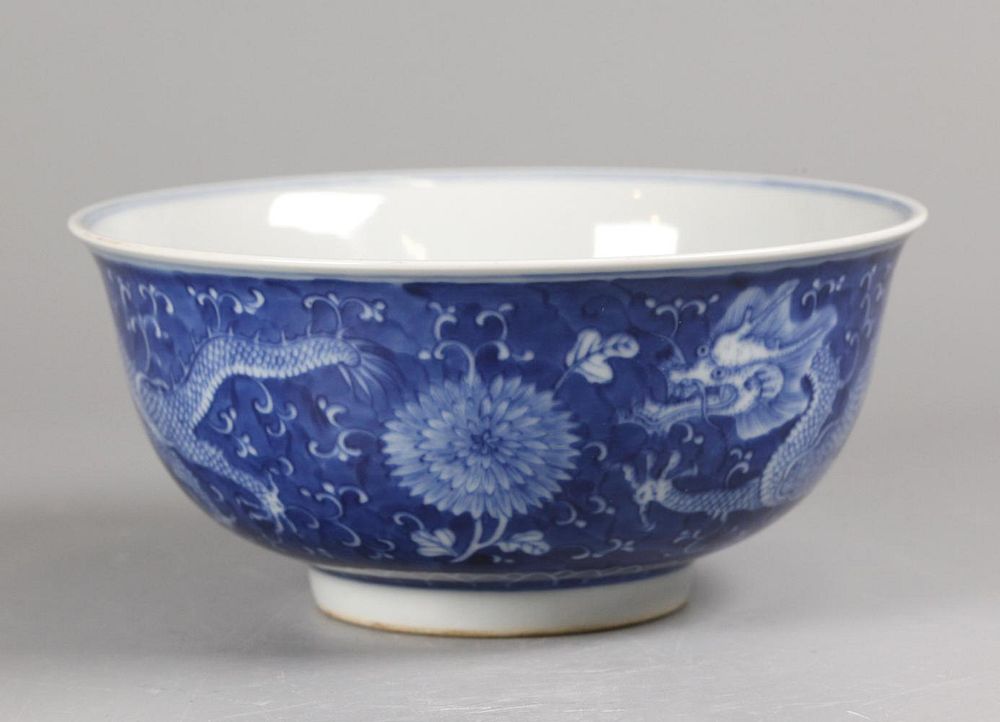 Appraisal: Chinese blue white porcelain bowl dragon motif in diameter x