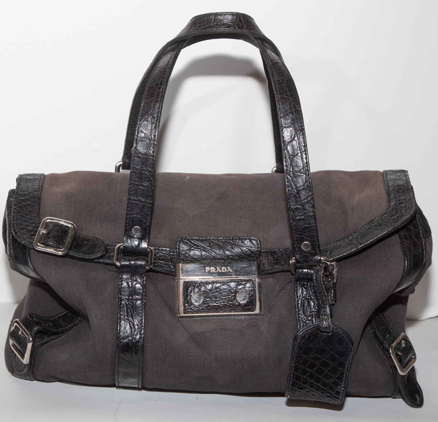 Appraisal: PRADA BLACK CANVAS HANDBAG in H in W in D