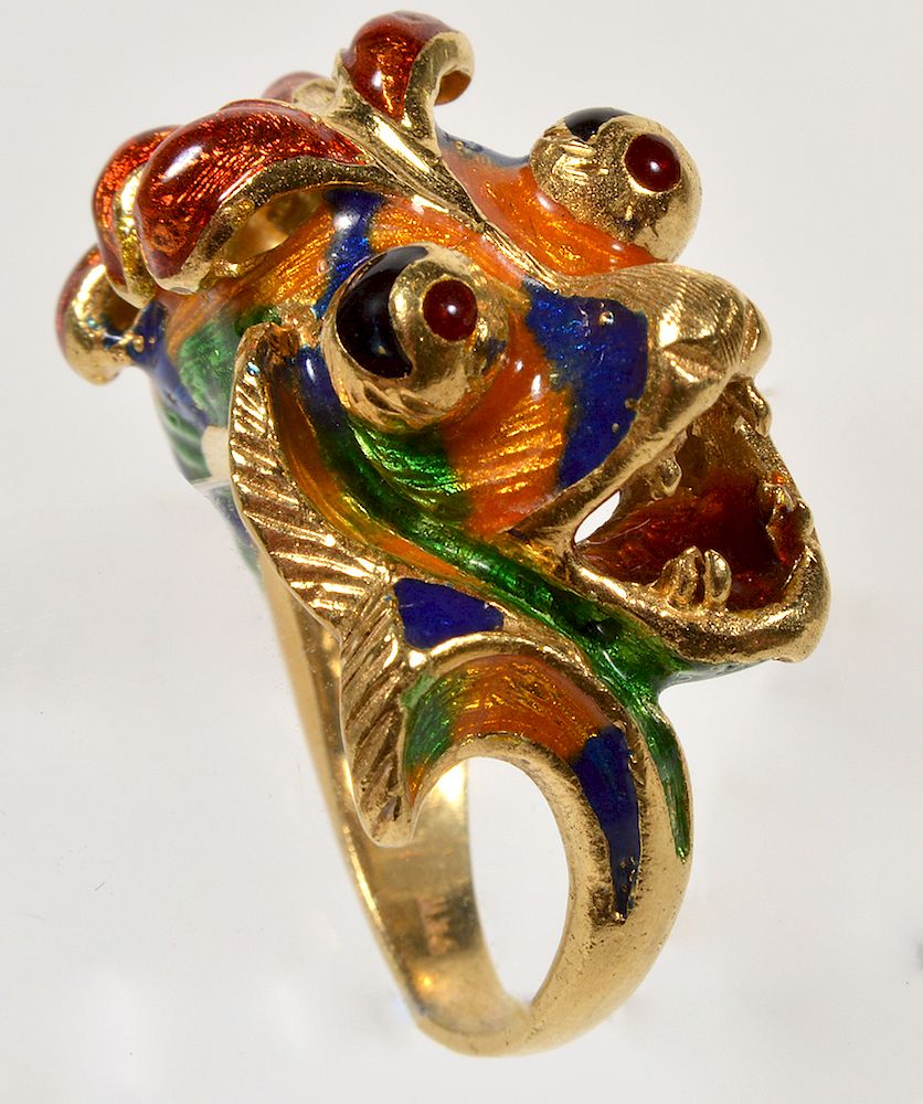 Appraisal: kt Handmade Enamel Dragon Snake Ring dimensional creature highlighted with