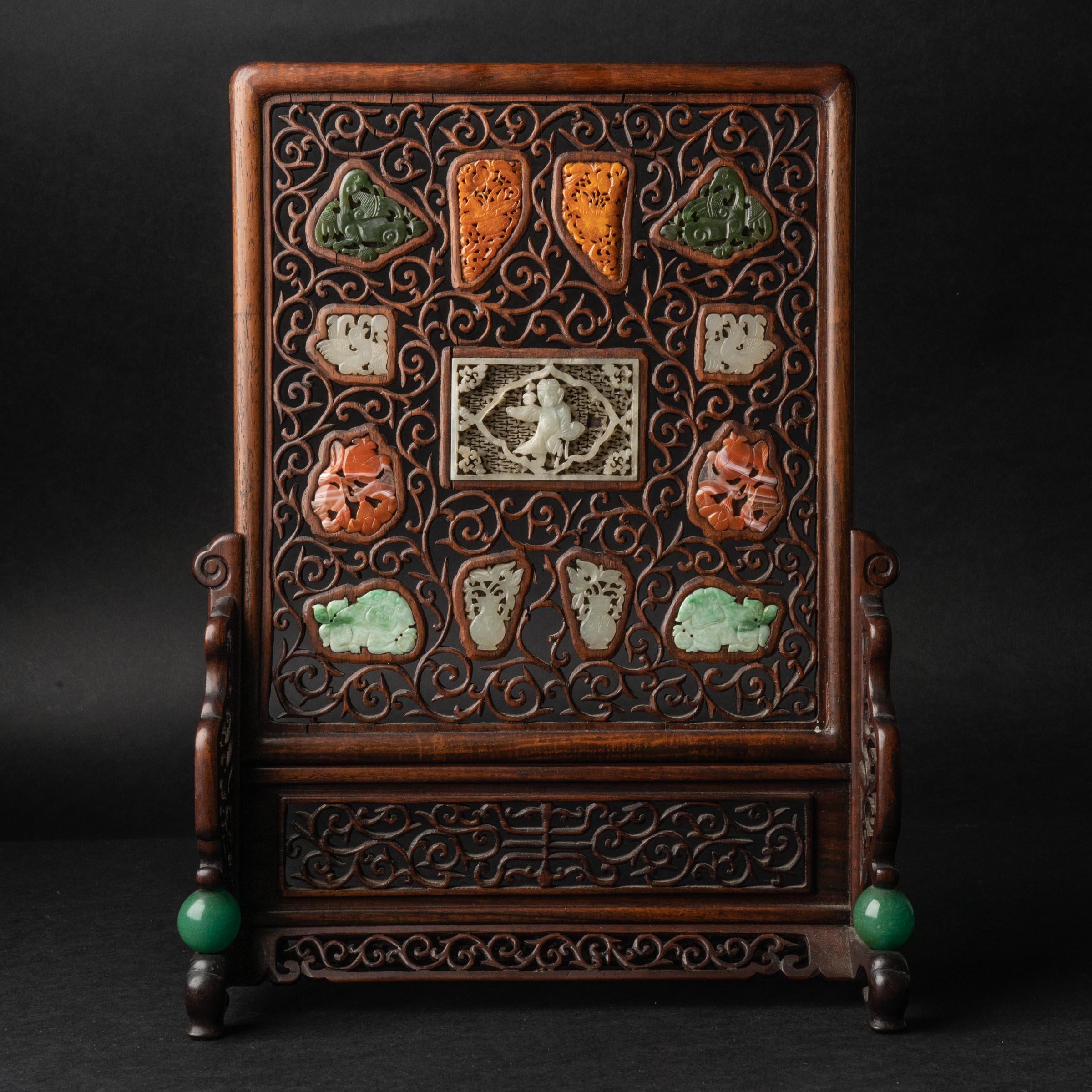 Appraisal: A Hardwood Table Screen Inlaid With Precious Stones Qing Dynasty