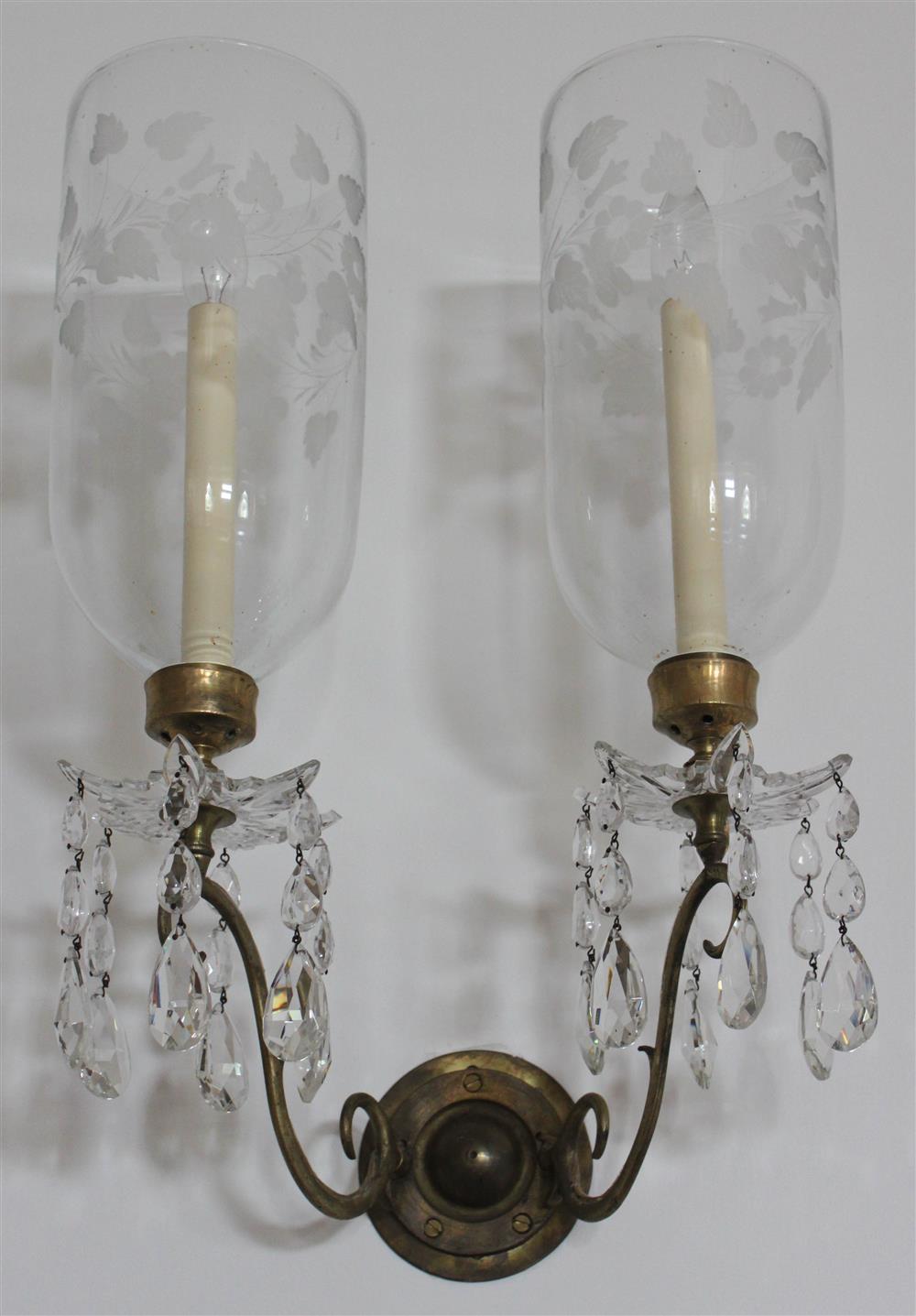 Appraisal: SET OF FOUR ENGLISH BRASS AND CUT GLASS WALL LIGHTS