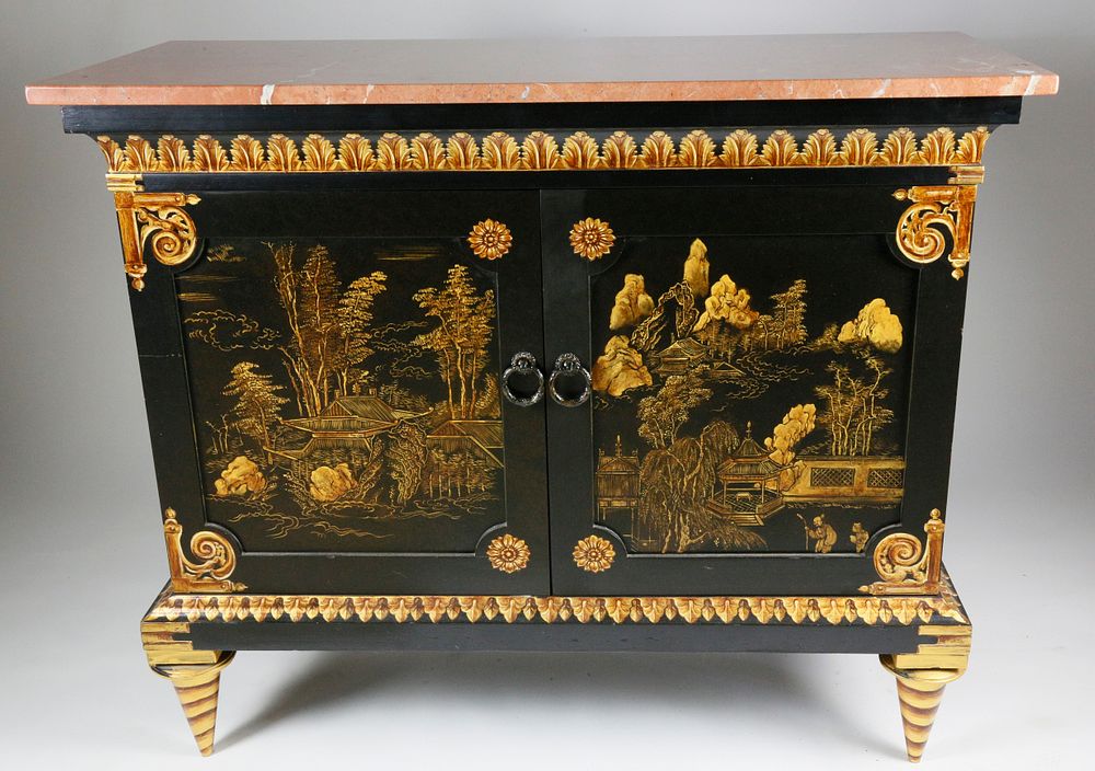 Appraisal: Rouge Marble Top Chinoiserie Decorated Cabinet Rouge Marble Top Chinoiserie