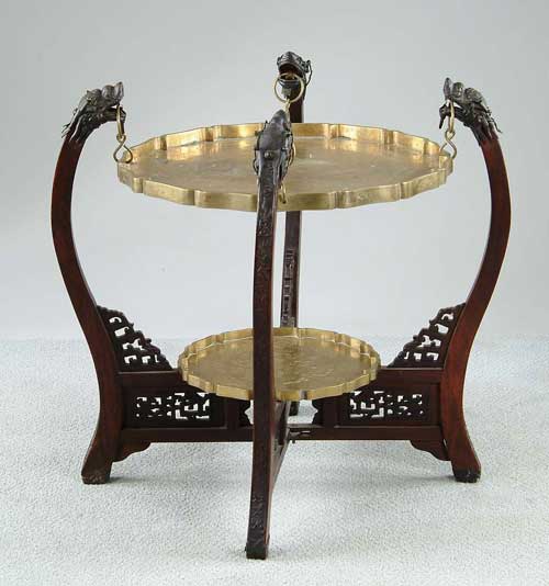 Appraisal: ORIENTAL CARVED WOOD AND BRASS TRAY STAND Stand folds and