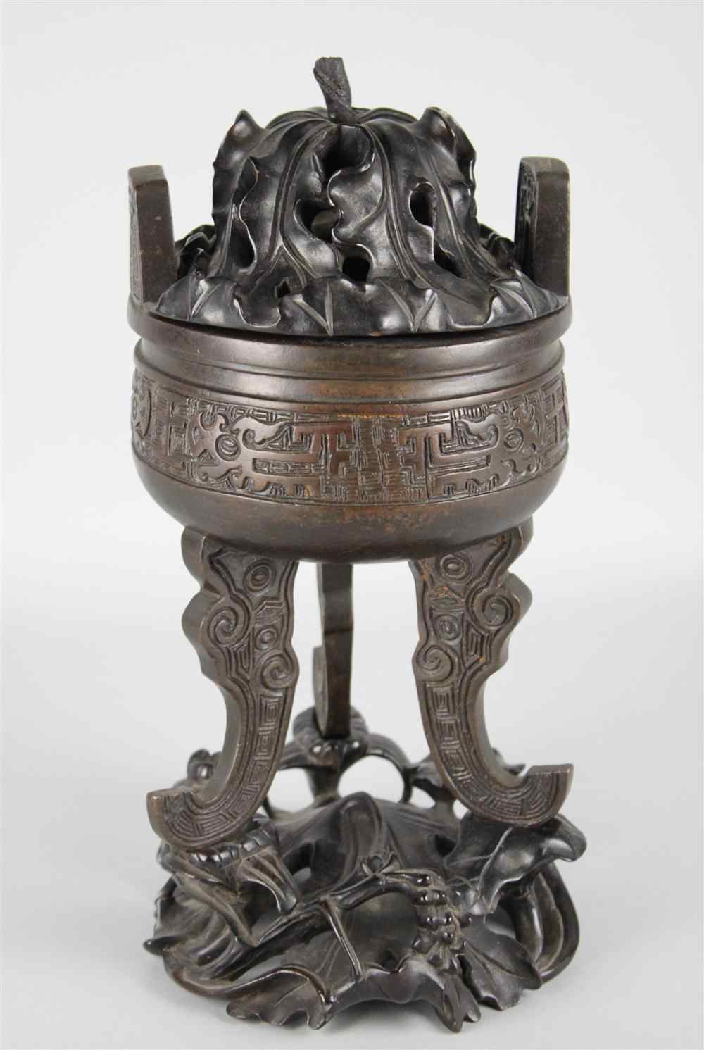 Appraisal: CHINESE BRONZE ARCHAISTIC TRIPOD CENSER LATE QING DYNASTY the body