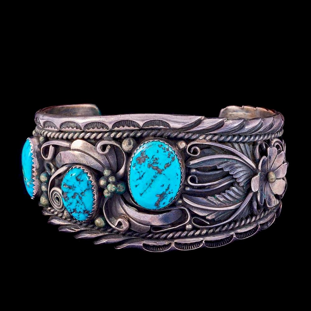 Appraisal: NAVAJO CUFF BRACELET An old pawn turquoise coral and sterling