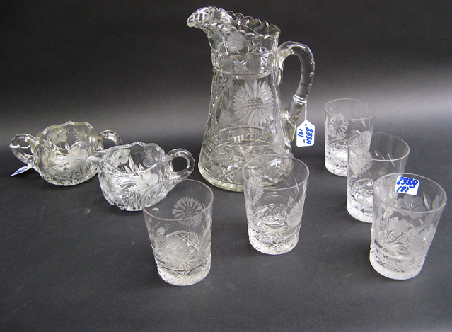 Appraisal: SEVEN PIECES AMERICAN HAND CUT AND ENGRAVED GLASS juice milk