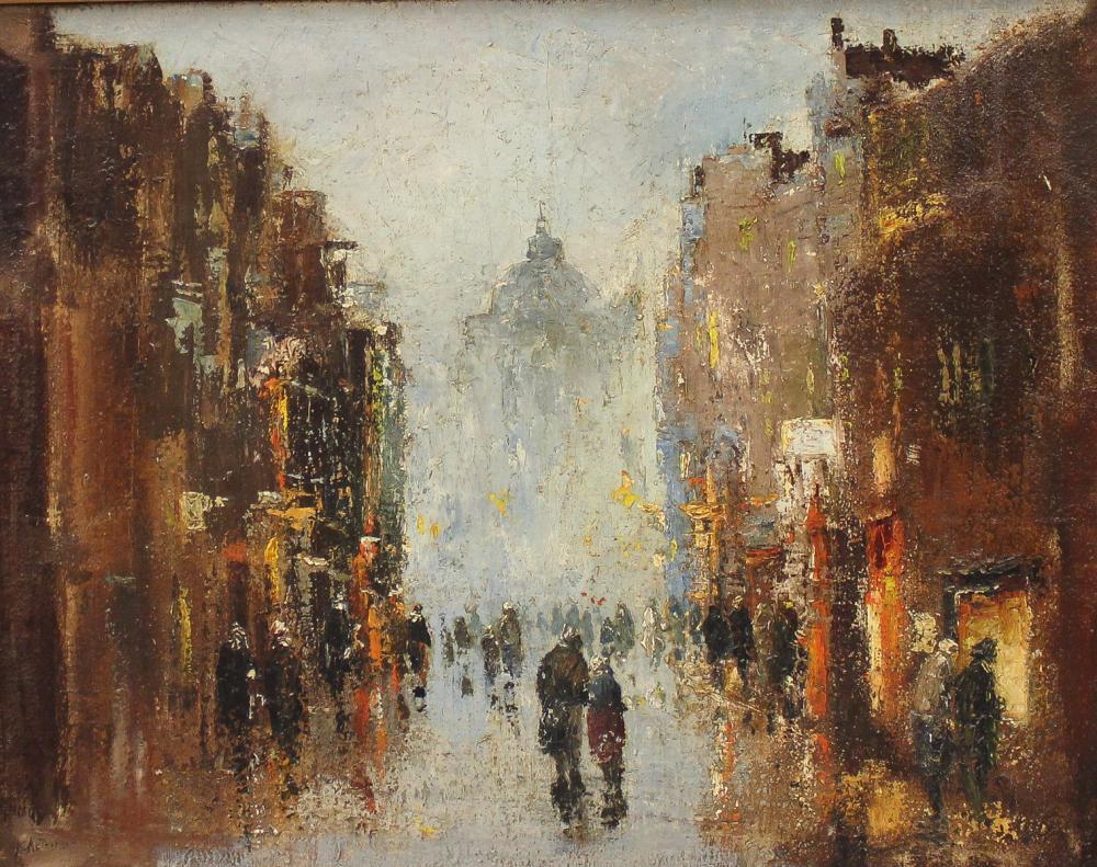 Appraisal: OIL ON CANVAS CITY STREET SCENE IN THE RAIN illegibly