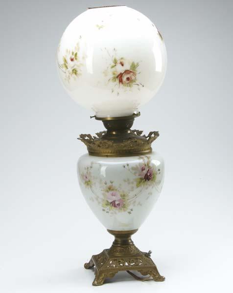 Appraisal: PAINTED GLASS OIL LAMP With floral design on milk glass