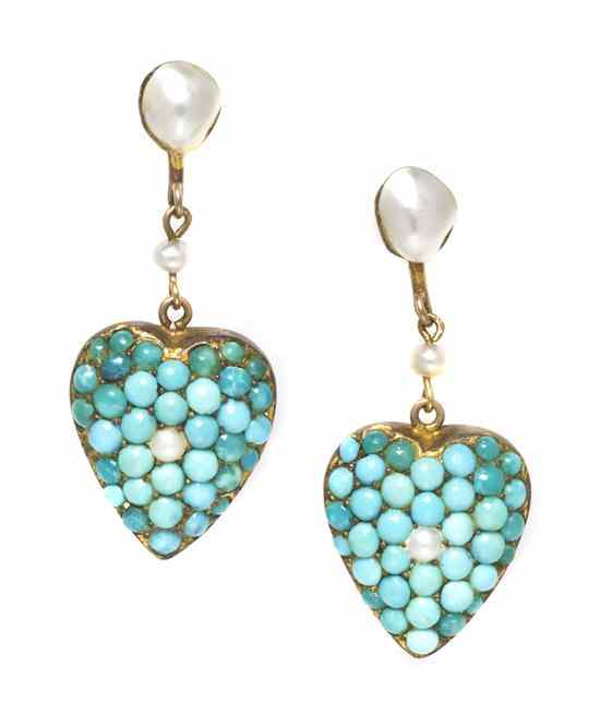 Appraisal: A Pair of Antique Yellow Gold Turquoise and Pearl Drop