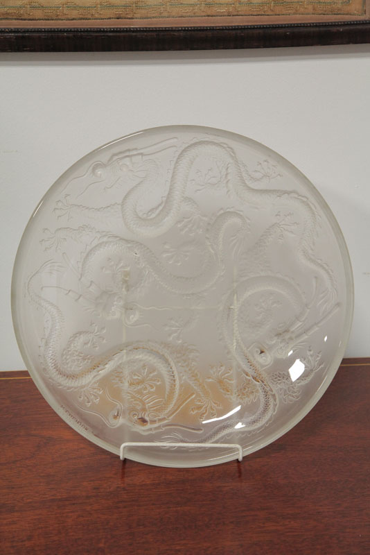 Appraisal: LALIQUE TRAY Round tray with molded dragon decoration Molded signature