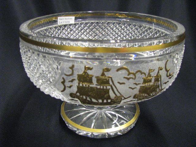 Appraisal: Moser Art Glass Compote gold sailing ship decor on fine