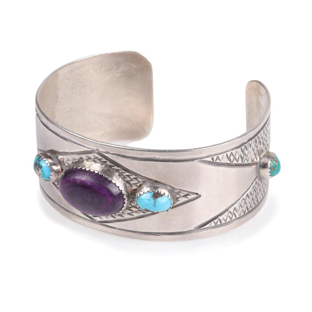 Appraisal: NATIVE AMERICAN ZUNI STERLING SILVER CUFF BRACELET STUDDED WITH AMETHYST