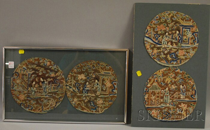 Appraisal: Two Pairs of Chinese Silk Embroidered Circular Panels on pair