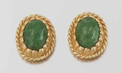 Appraisal: A Pair of Jade Cabochon Earrings k yellow gold frames