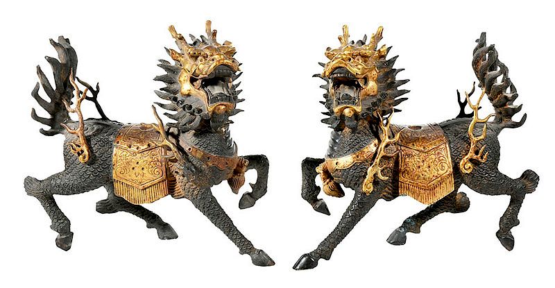 Appraisal: Pair of Gilt Bronze Qilin Chinese Qing dynasty gilt caparisoned