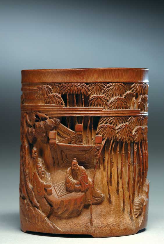 Appraisal: CARVED BAMBOO BRUSHPOT Finely rendered Chinese bamboo brushpot of cylindrical