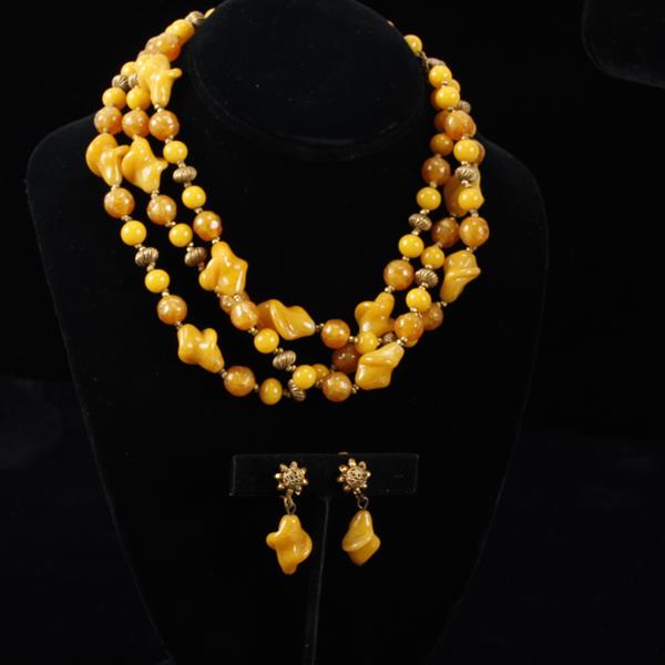 Appraisal: Miriam Haskell pc Multi-Strand Necklace Clip Earrings with poured yellow