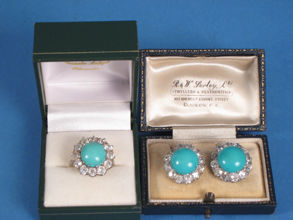 Appraisal: A Pair of Diamond and Turquoise Cluster Earclips with matching