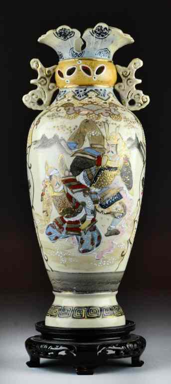 Appraisal: Large Japanese Satsuma Vase with StandDepicting Samurai on one side