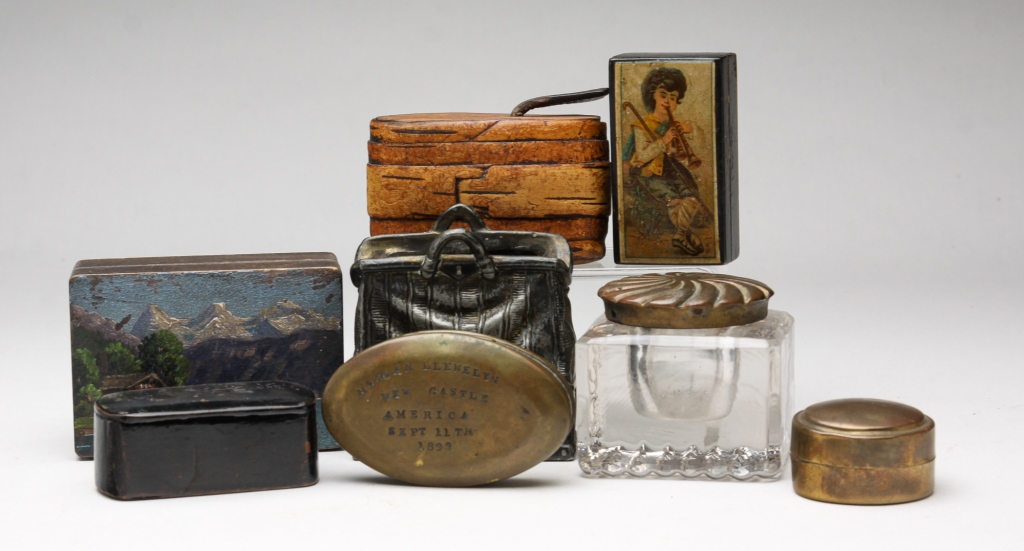 Appraisal: EIGHT SNUFF BOXES AND HOUSEHOLD ITEMS Late th early th