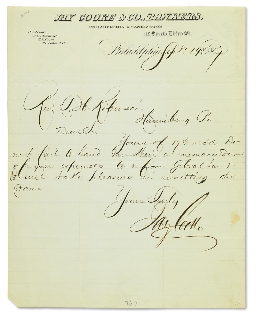 Appraisal: BUSINESS COOKE JAY Brief Autograph Letter Signed to Rev T