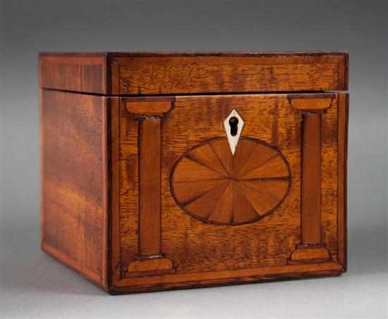 Appraisal: George III inlaid mahogany tea caddy patera and classical column