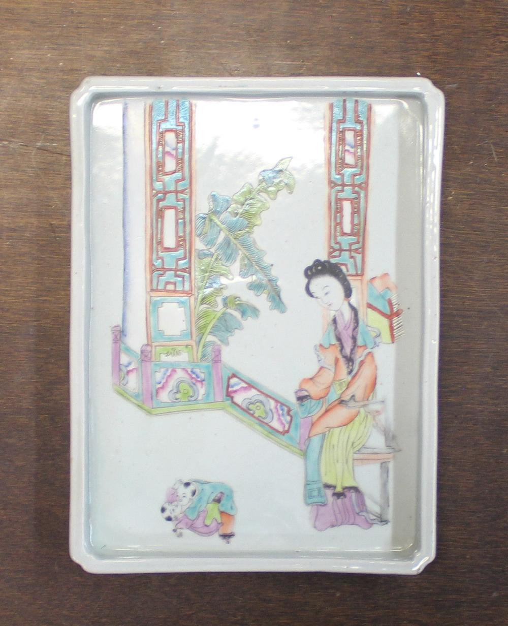 Appraisal: CHINESE PORCELAIN FAMILLE ROSE TRAY rectangular form featuring a mother