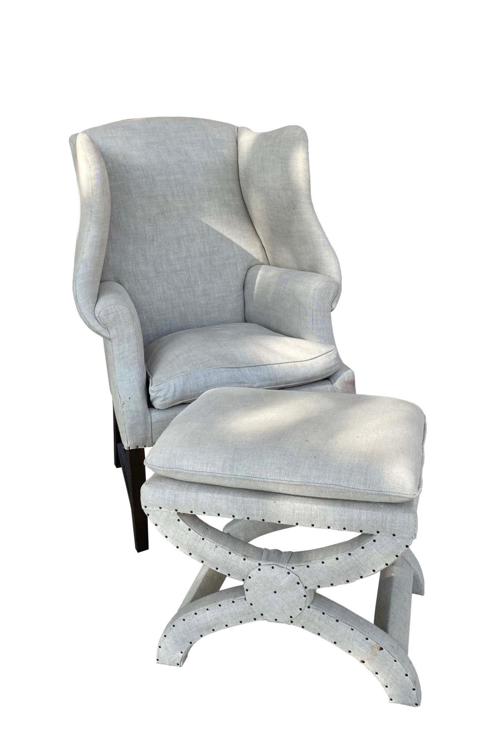 Appraisal: GEORGE III STYLE LINEN-UPHOLSTERED WING CHAIRThe rectangular back and seat